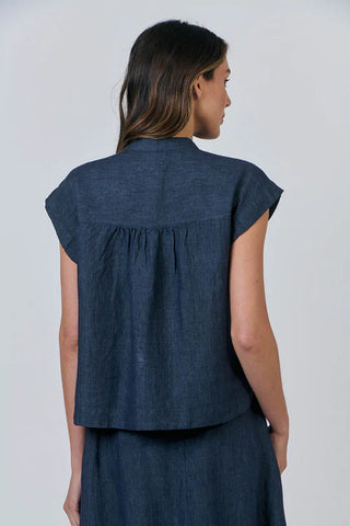 Naturals by O&J - Linen Short Sleeve Button Top-Poseidon