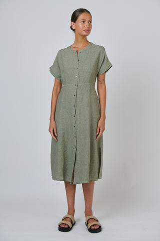 Naturals by O&J - Button Through A Line Linen Dress - Artichoke