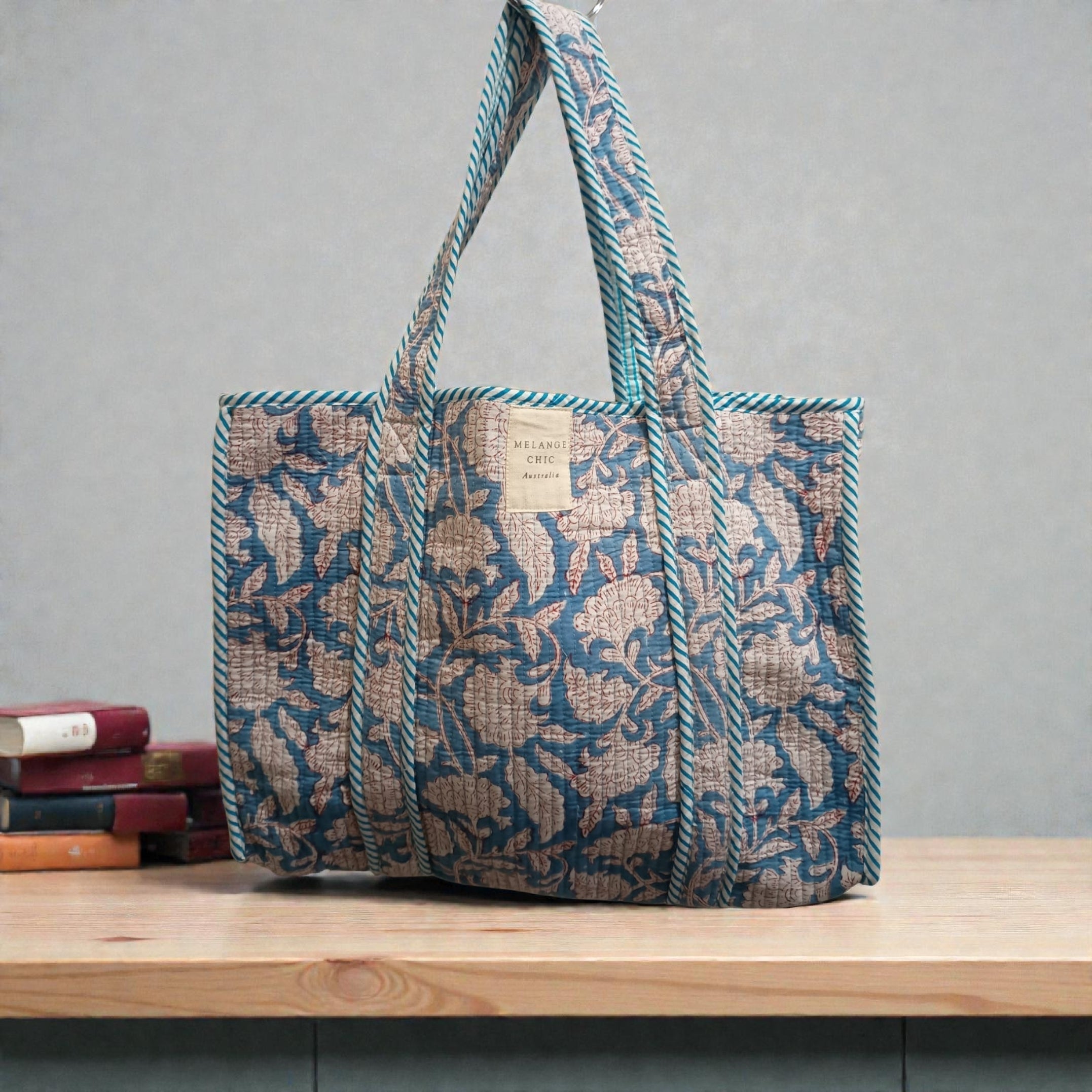 Melange - Handcrafted Floral Quilted Tote Bag – Denim and Crimson Print