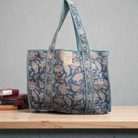 Melange - Handcrafted Floral Quilted Tote Bag – Denim and Crimson Print