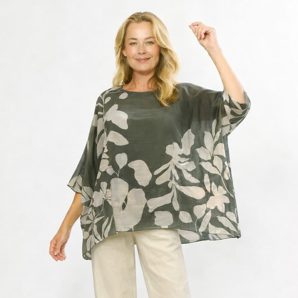 La Strada - 100% Tencel Katan Top - Khaki/Beige