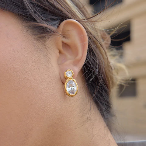MCLuxe - Amélie 18K Gold Plated Oval CZ Stud Earrings – Waterproof Non-Tarnish Stainless Steel