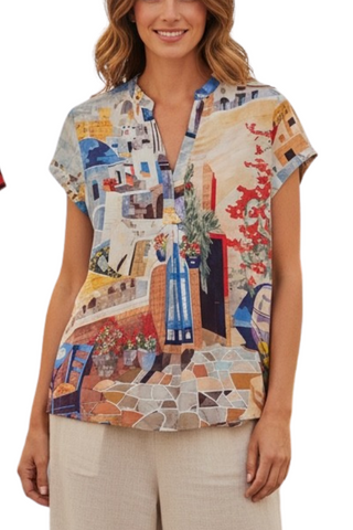 Equinox - V Neck Mandarin Collar Top - Santorini
