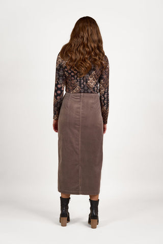 Vassalli - Mid Length Cord Skirt with Front Panel Seams - Taupe