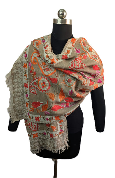 United Fashion - Paisley Bloom Embroidered Wool Shawl - Taupe*
