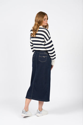 Vassalli - Mid Length Skirt with Centre Front Split - Ink Denim
