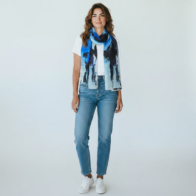 Melange - Wool and Silk Blend Luxury Scarf-Abstrtact Blues/Black
