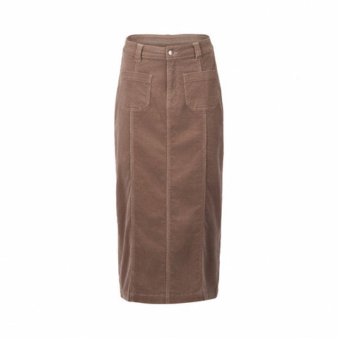 Vassalli - Mid Length Cord Skirt with Front Panel Seams - Taupe