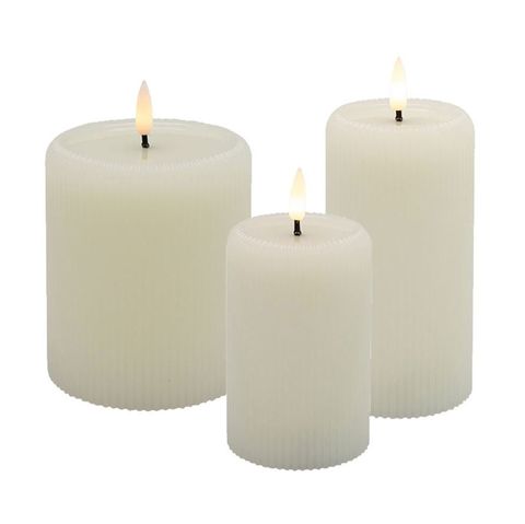 CTC - Set of 3 Ivory Flameless LED Candles (Ribbed Pillars)