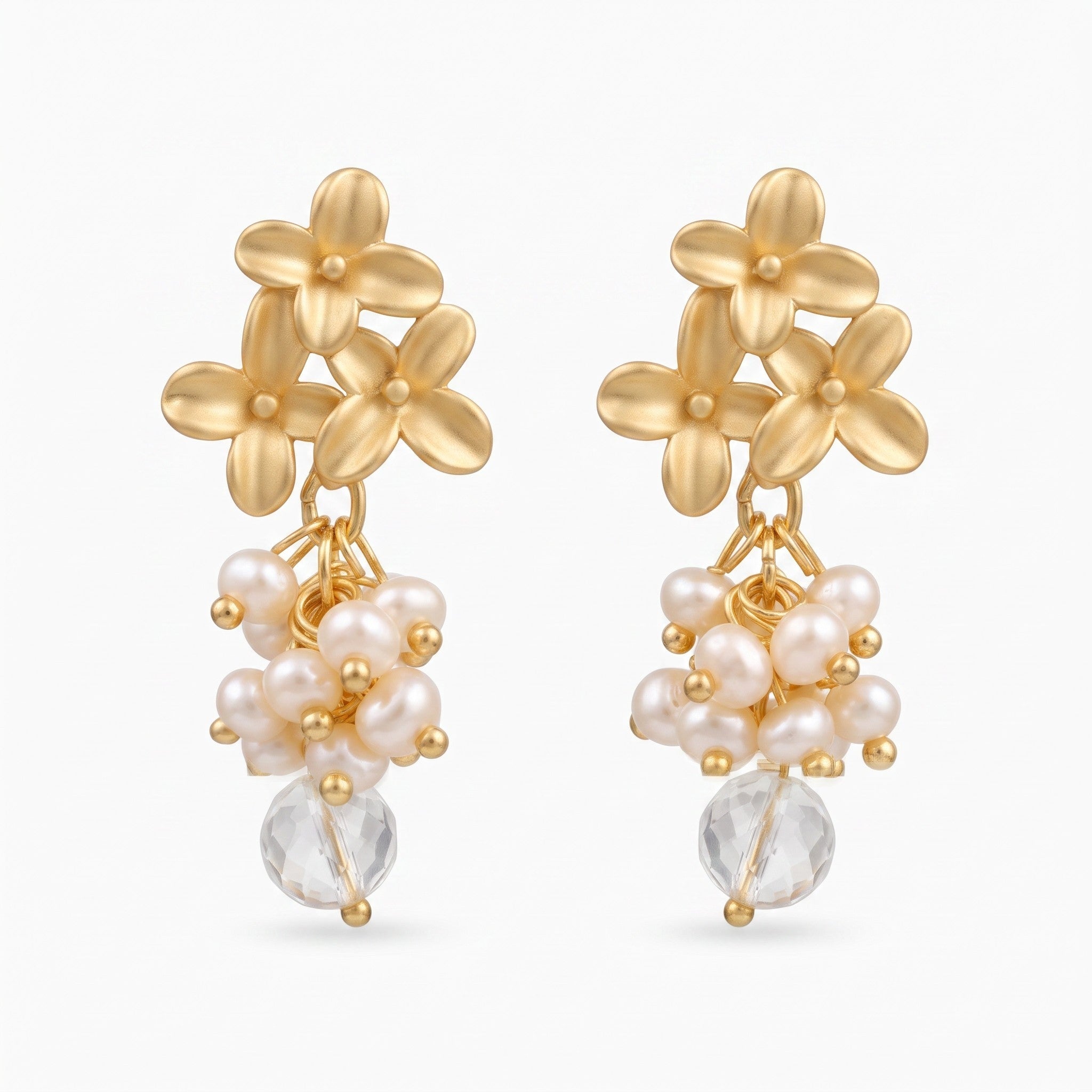 MCLuxe - Fleur de Perle Freshwater Pearl & Clear Quartz Floral Statement Earrings – 18K Gold Plated