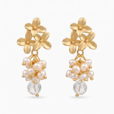 MCLuxe - Fleur de Perle Freshwater Pearl & Clear Quartz Floral Statement Earrings – 18K Gold Plated