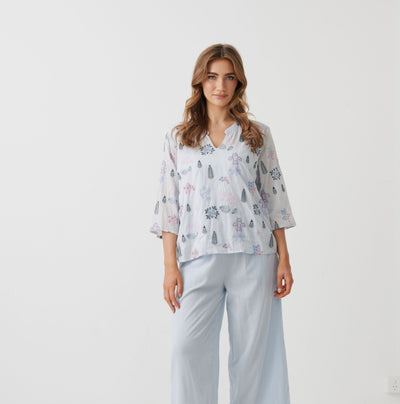 Holmes & Fallon - V Neck Embroidered Top -  Blue