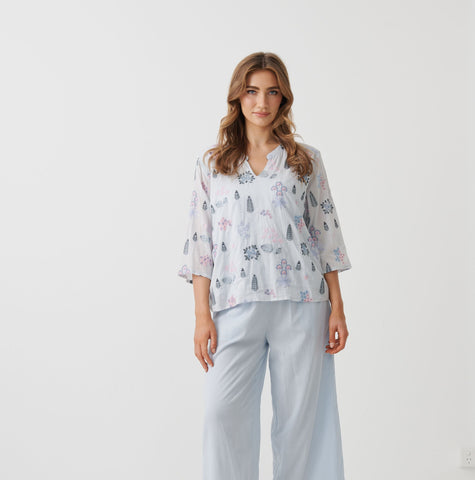 Holmes & Fallon - V Neck Embroidered Top -  Blue