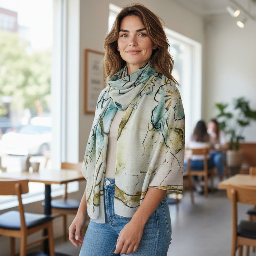 Melange - Wool and Silk Blend Luxury Scarf-Water Flowers