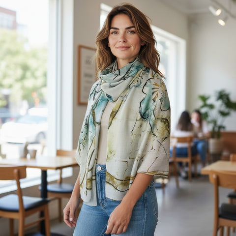 Melange - Wool and Silk Blend Luxury Scarf-Water Flowers