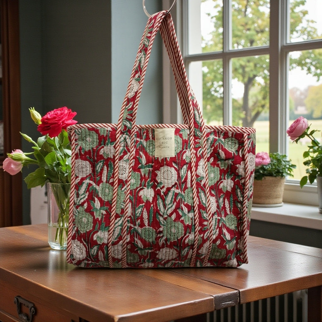 Melange - Handcrafted Floral Quilted Tote Bag – Crimson and Green Print