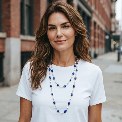 MCLuxe - Lapis Lazuli & Shell Pearl Long Station Necklace