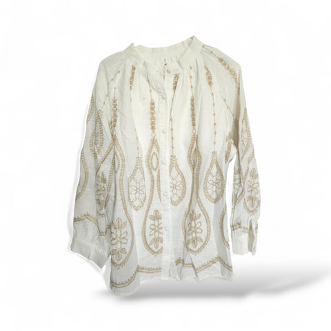 Melange - White Cotton top with Gold Embroidery