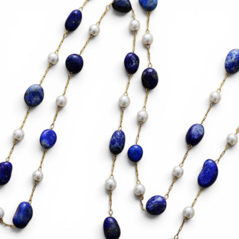 MCLuxe - Lapis Lazuli & Shell Pearl Long Station Necklace