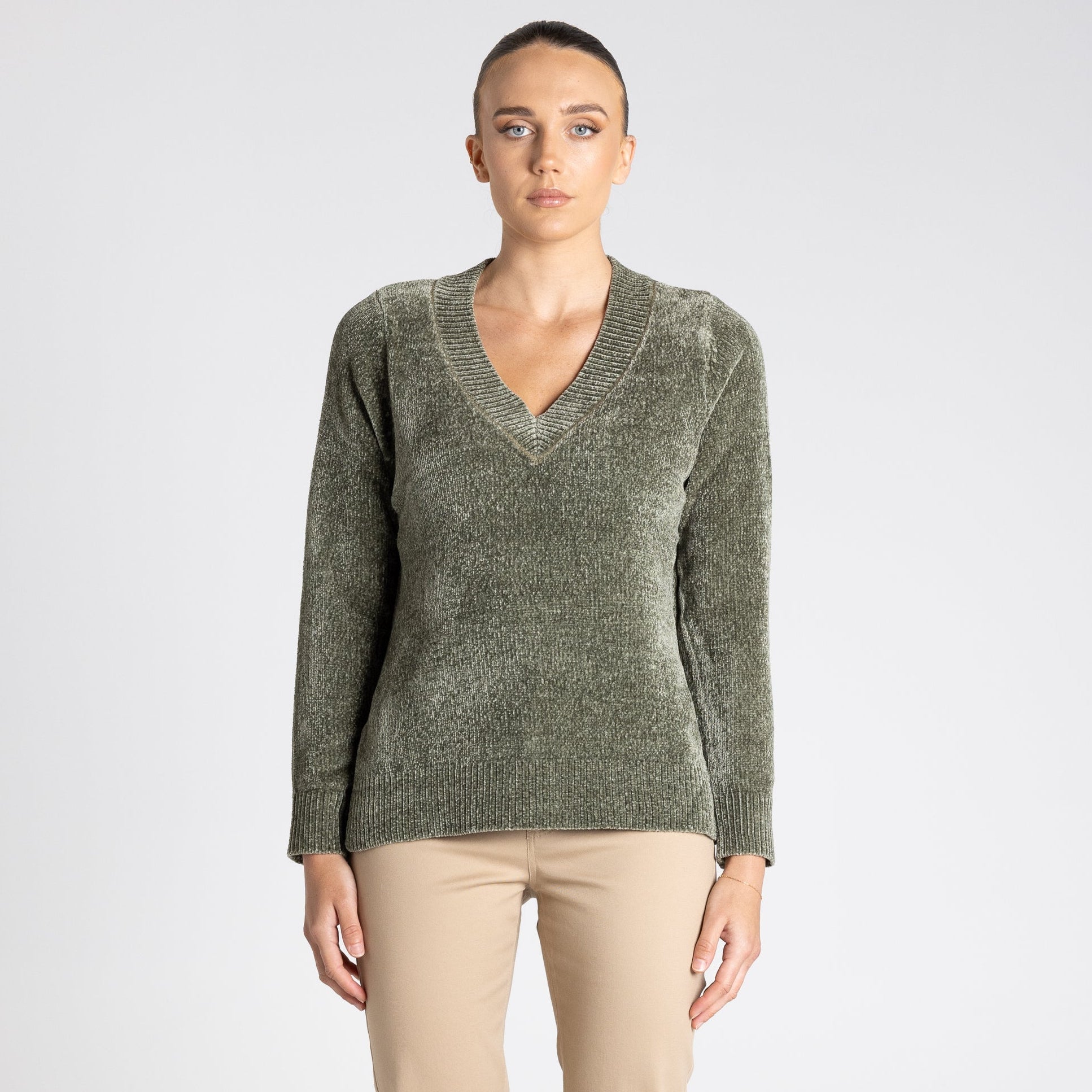 Two T's - Chenille V Neck Knit Top - Khaki