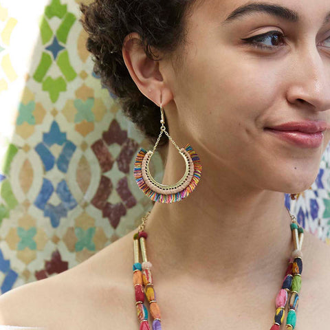 WorldFinds - Kantha Contoured Fringed Earrings - Multi