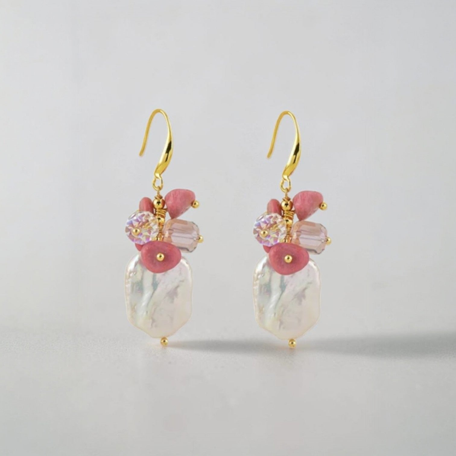 MCLuxe - Handcrafted Freshwater Pearl, Pink Fluorite & Crystal Earrings