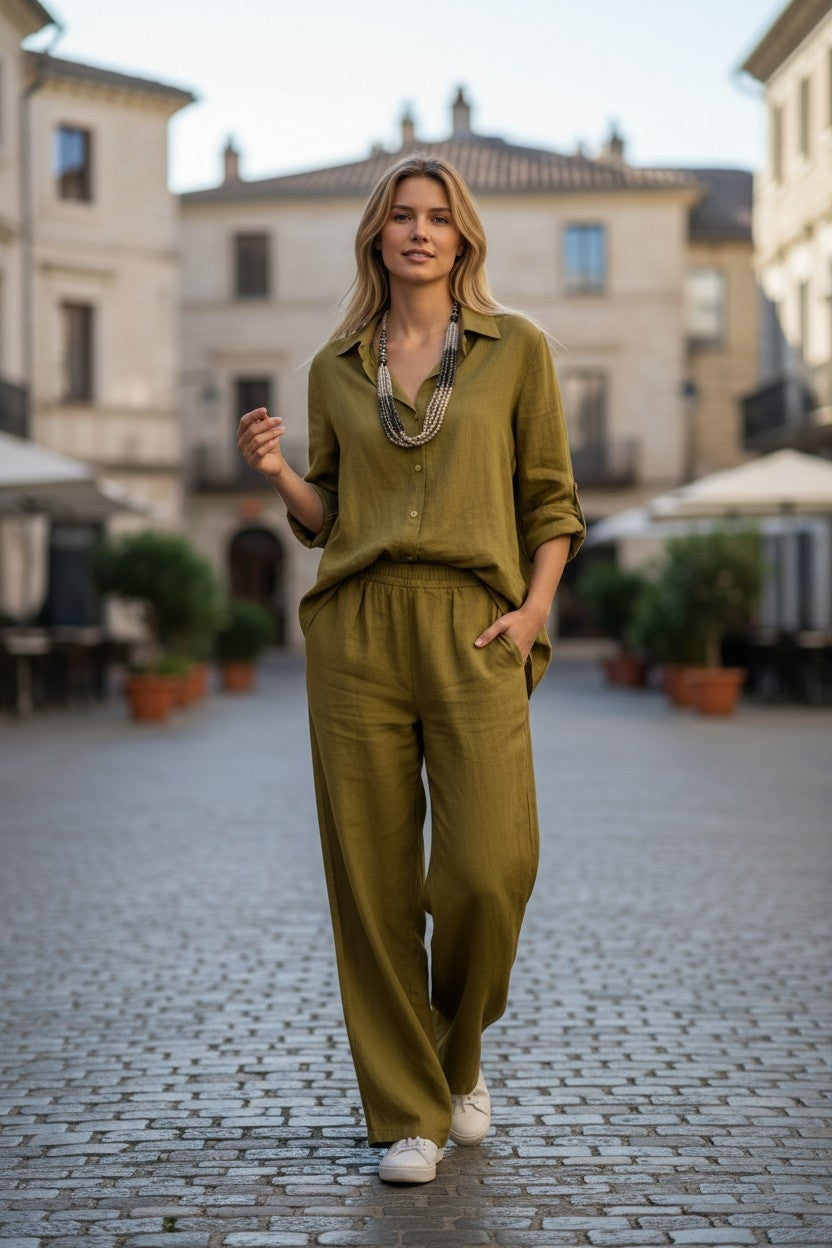 Melange - Wide Leg Linen Lounge Set- Chartreuse