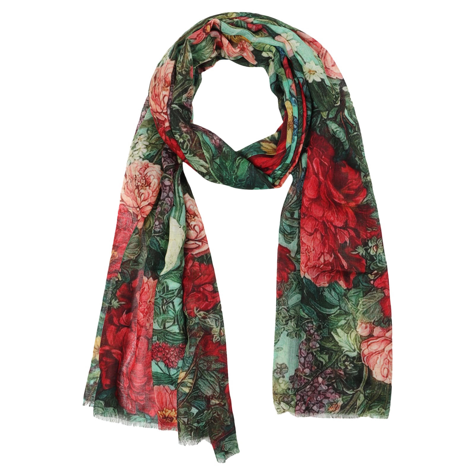 United - Australian Wool/Silk Print Scarf - Green & Red Vintage Floral