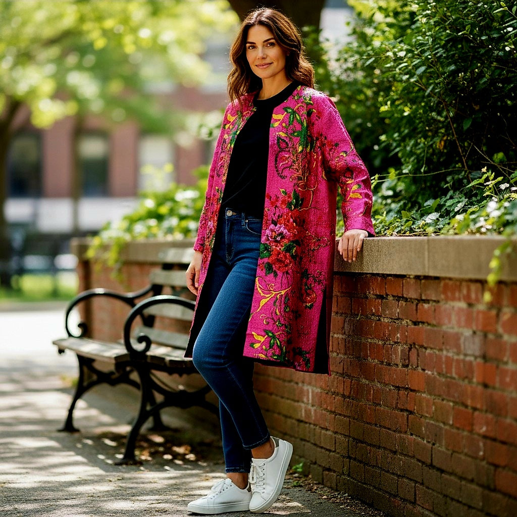 Zura - Vintage Reversible Longline Silk Jacket-Hot Pink Floral