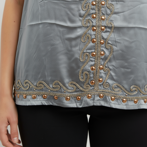 Caju - Blouse with Applique, Beadwork & Tie Neck-Sage