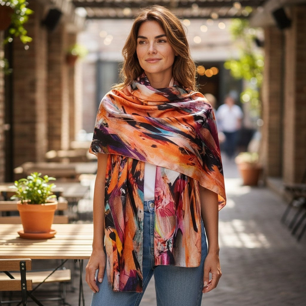 Melange - Wool and Silk Blend Luxury Scarf-Coral Fantasy