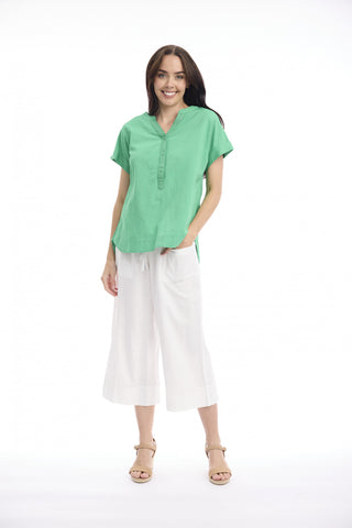 Orientique - V Neck Linen Top - Green