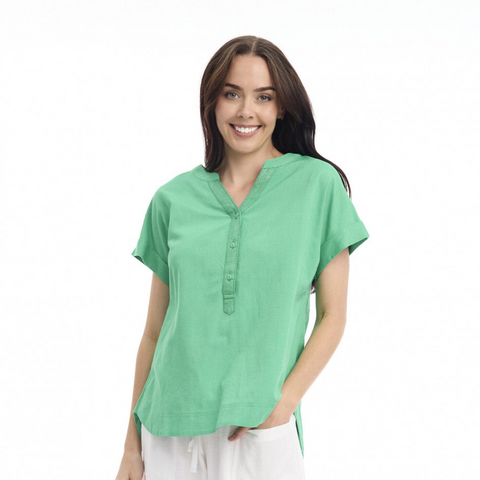 Orientique - V Neck Linen Top - Green