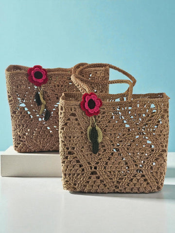Melange Chic - Hampton Crochet Tote - Beige Gold - 2 Sizes