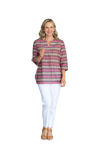 Equinox - Pure cotton 3/4 Bell sleeve V-Neck Print Top with Curved Hem - Rosewood