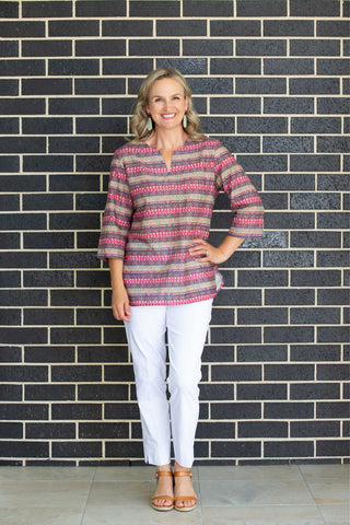 Equinox - Pure cotton 3/4 Bell sleeve V-Neck Print Top with Curved Hem - Rosewood