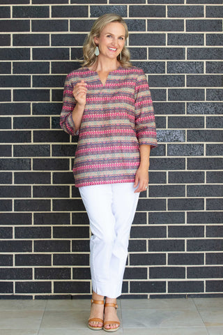 Equinox - Pure cotton 3/4 Bell sleeve V-Neck Print Top with Curved Hem - Rosewood