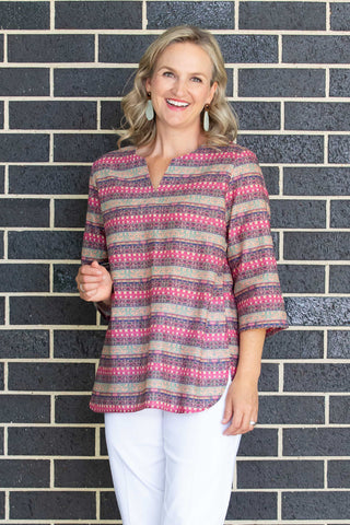 Equinox - Pure cotton 3/4 Bell sleeve V-Neck Print Top with Curved Hem - Rosewood