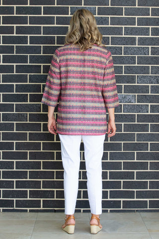 Equinox - Pure cotton 3/4 Bell sleeve V-Neck Print Top with Curved Hem - Rosewood