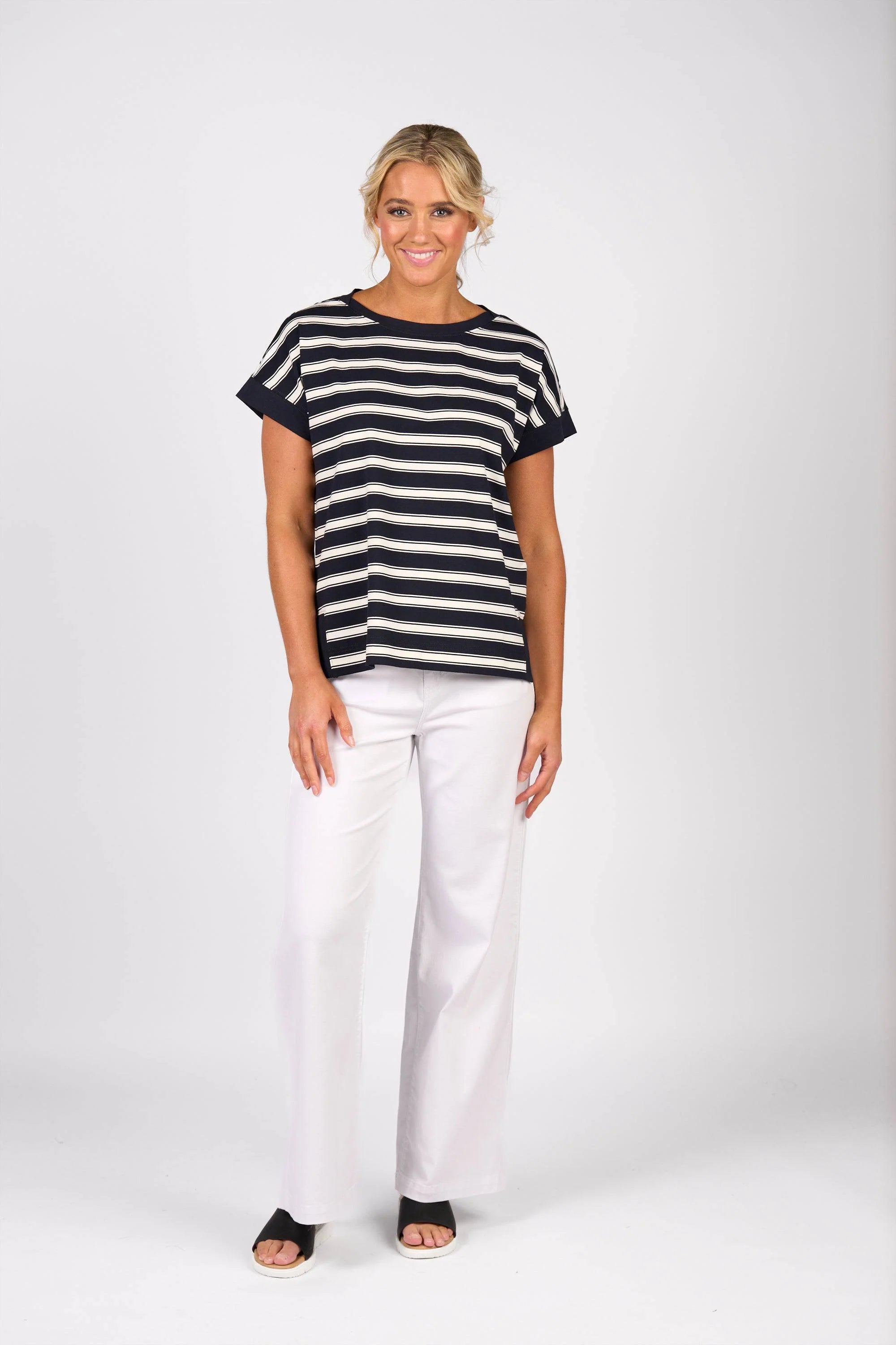 Vassalli - Drop Sleeve Boat Neck Top-Ink Stripe