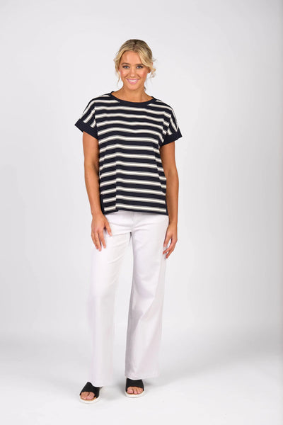 Vassalli - Drop Sleeve Boat Neck Top-Ink Stripe