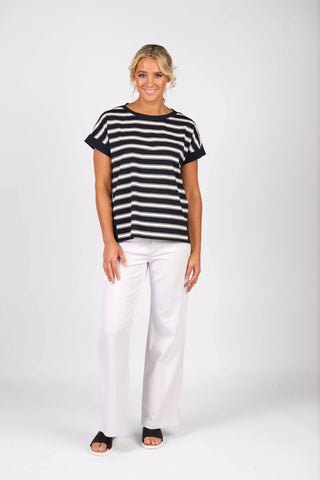 Vassalli - Drop Sleeve Boat Neck Top-Ink Stripe