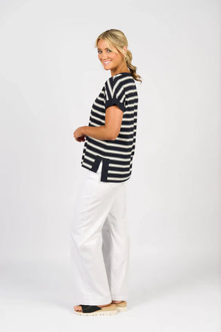 Vassalli - Drop Sleeve Boat Neck Top-Ink Stripe