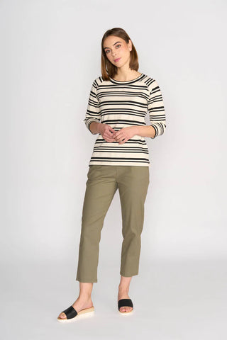 Vassalli - Boat Neck 3/4 Sleeve Top-Ecru/ Black Stripe