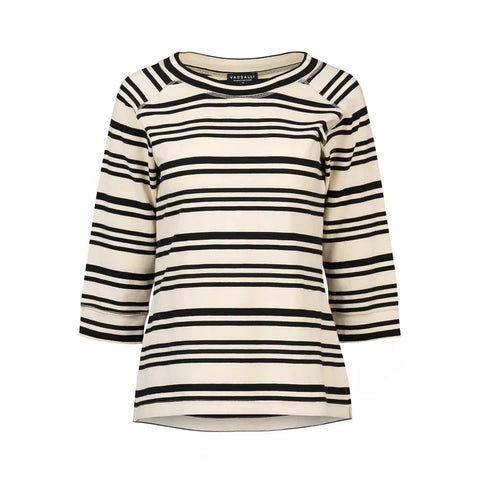 Vassalli - Boat Neck 3/4 Sleeve Top-Ecru/ Black Stripe