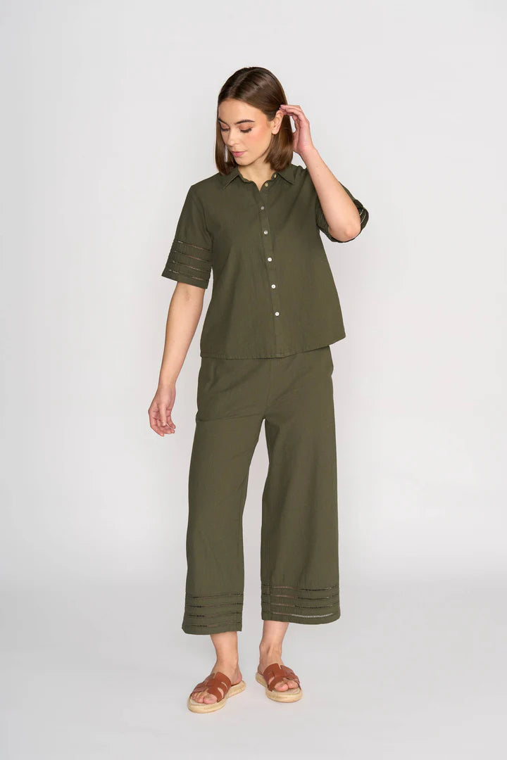 Vassalli - Short Sleeve Button Up Top with Sleeve Trim-Olive