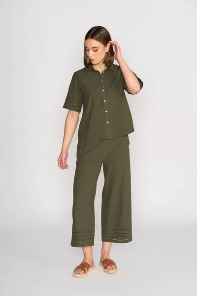 Vassalli - Short Sleeve Button Up Top with Sleeve Trim-Olive