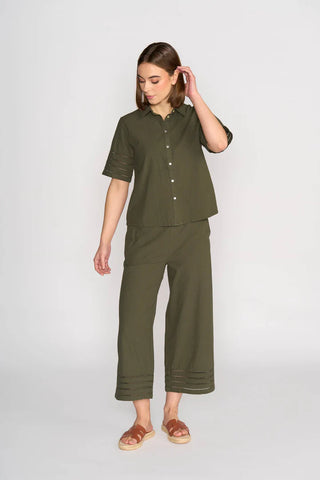 Vassalli - Short Sleeve Button Up Top with Sleeve Trim-Olive