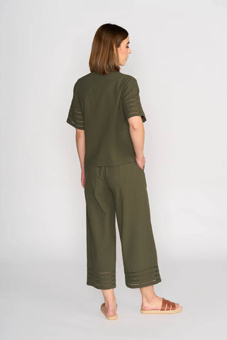 Vassalli - Short Sleeve Button Up Top with Sleeve Trim-Olive