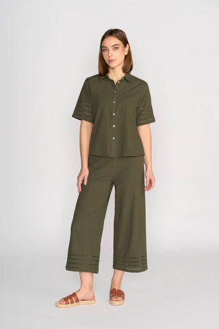 Vassalli - Short Sleeve Button Up Top with Sleeve Trim-Olive